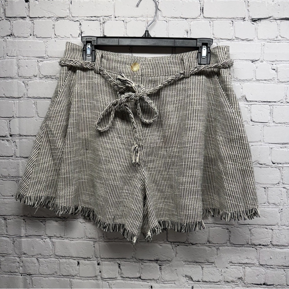 FRNCH Striped High-Waist Paperbag Shorts with Braided Tie - Cream/Black Sz L nwt